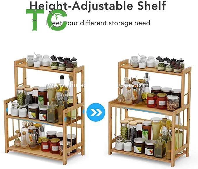 3-Tier Bamboo Spice Rack with Adjustable Height Countertop Storage Organizer Shelf