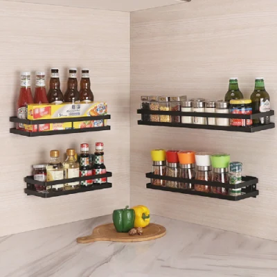 Estante de pared para cocina, organizador de almacenamiento, estante para especias, estante de almacenamiento sin perforaciones, barandilla plateada Bl17394